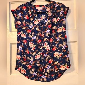 Philosophy Women's Blouse, Floral Navy,  Pink, Green, V-neck. Sz XS EUC Office